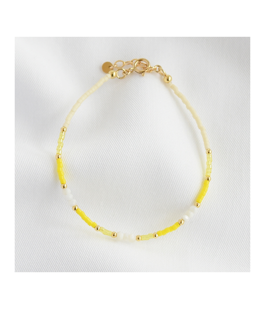 Bracelet fin plaqué or, perles Miyuki et pierres fines TAMARA jaune et crème 2