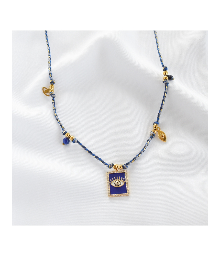 Collier cordon et gri gri bleu PAOLA